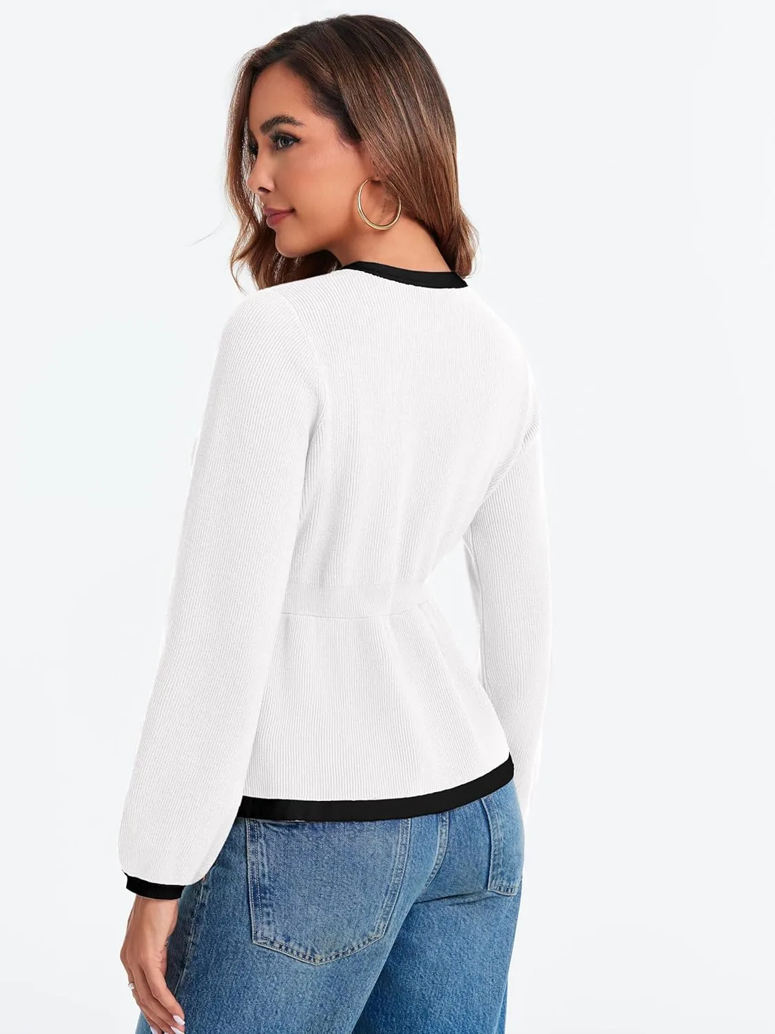 BZB Tie Front Cardigan Sweaters for Women Color Block Puff Sleeve Babydoll Knitted Cardigans Fall Outerwear Clothes