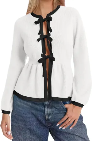 BZB Tie Front Cardigan Sweaters for Women Color Block Puff Sleeve Babydoll Knitted Cardigans Fall Outerwear Clothes