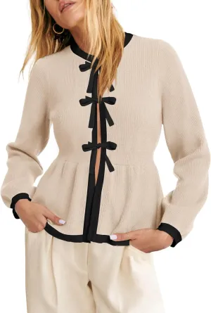 BZB Tie Front Cardigan Sweaters for Women Color Block Puff Sleeve Babydoll Knitted Cardigans Fall Outerwear Clothes
