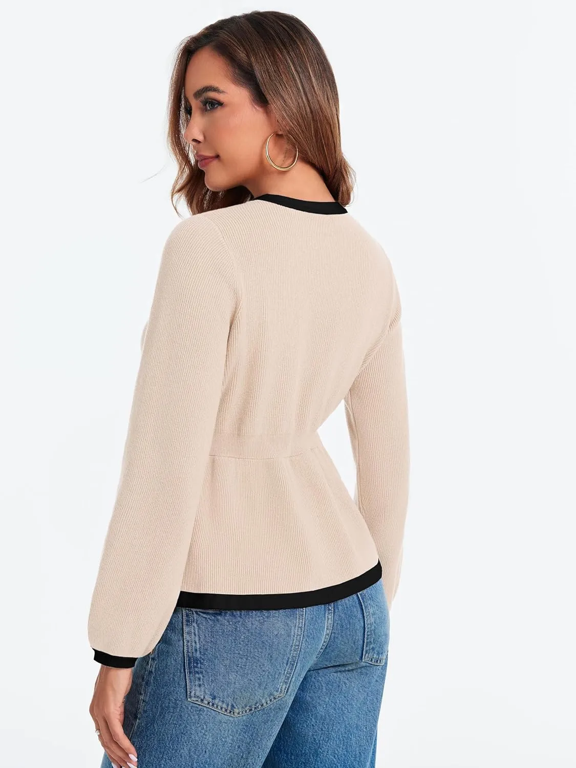 BZB Tie Front Cardigan Sweaters for Women Color Block Puff Sleeve Babydoll Knitted Cardigans Fall Outerwear Clothes