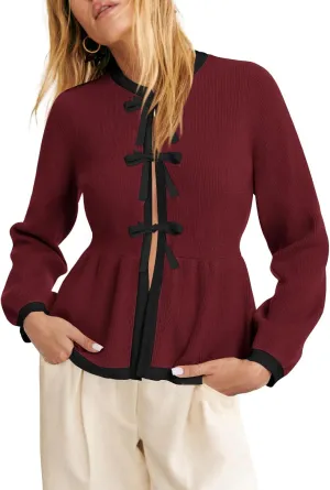 BZB Tie Front Cardigan Sweaters for Women Color Block Puff Sleeve Babydoll Knitted Cardigans Fall Outerwear Clothes