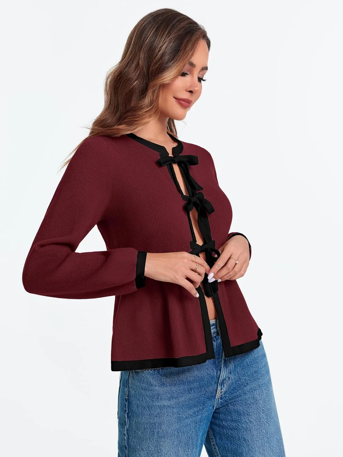 BZB Tie Front Cardigan Sweaters for Women Color Block Puff Sleeve Babydoll Knitted Cardigans Fall Outerwear Clothes