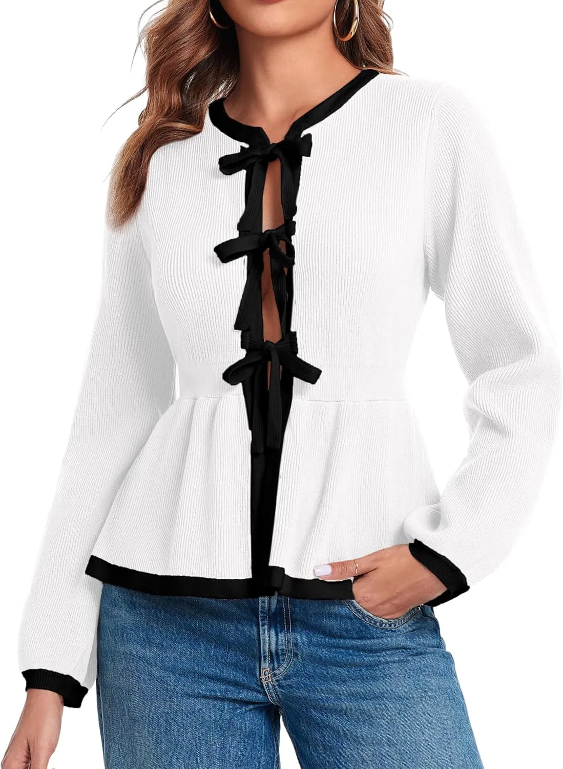 BZB Tie Front Cardigan Sweaters for Women Color Block Puff Sleeve Babydoll Knitted Cardigans Fall Outerwear Clothes