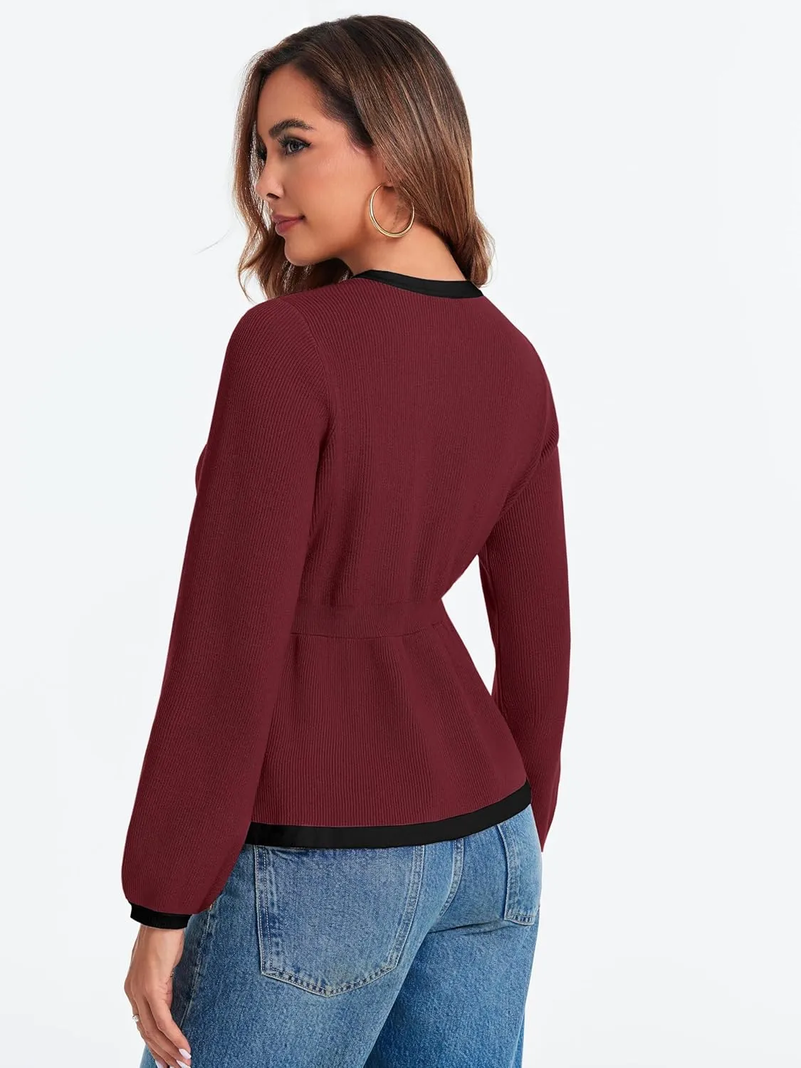 BZB Tie Front Cardigan Sweaters for Women Color Block Puff Sleeve Babydoll Knitted Cardigans Fall Outerwear Clothes