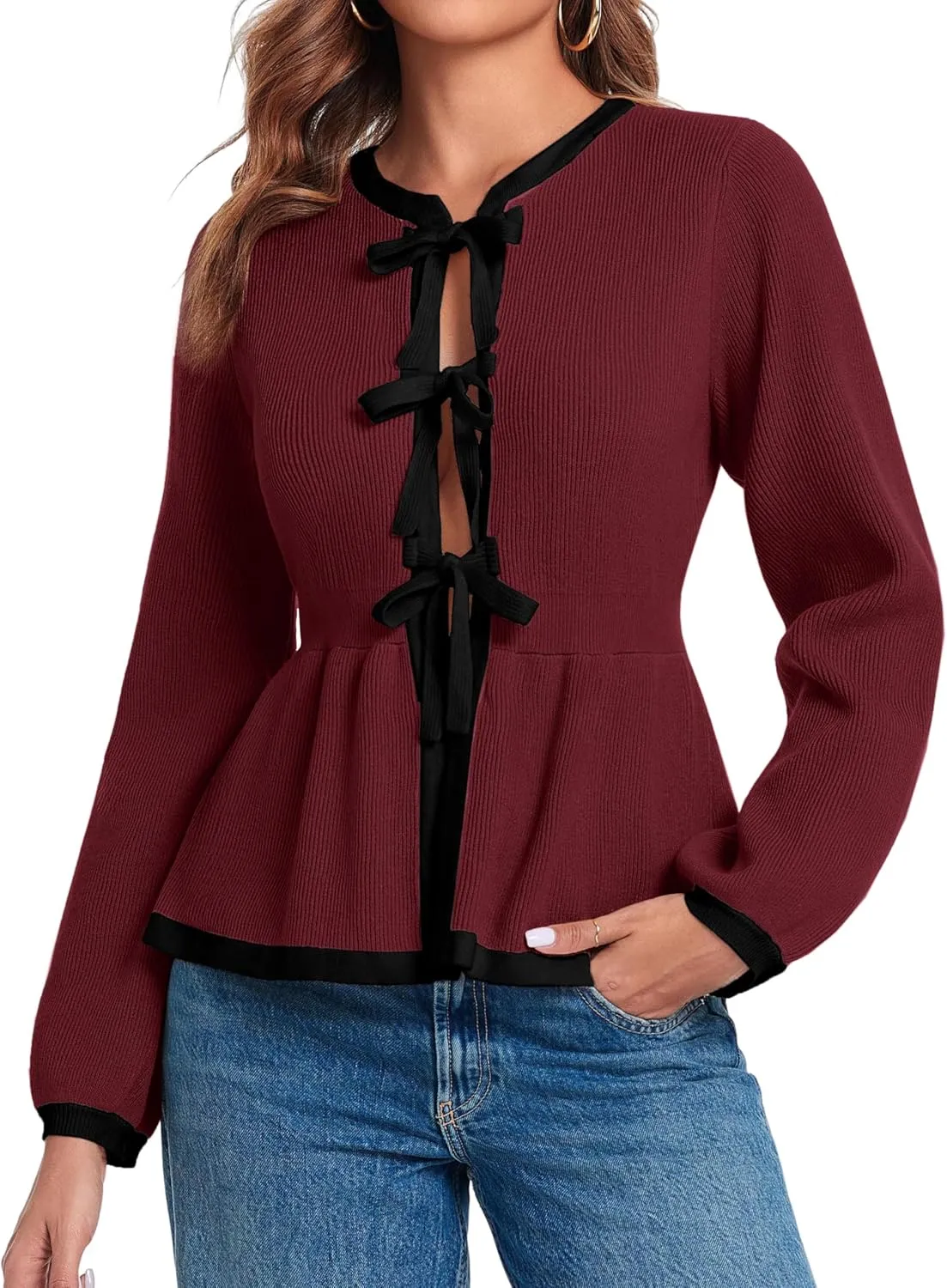 BZB Tie Front Cardigan Sweaters for Women Color Block Puff Sleeve Babydoll Knitted Cardigans Fall Outerwear Clothes