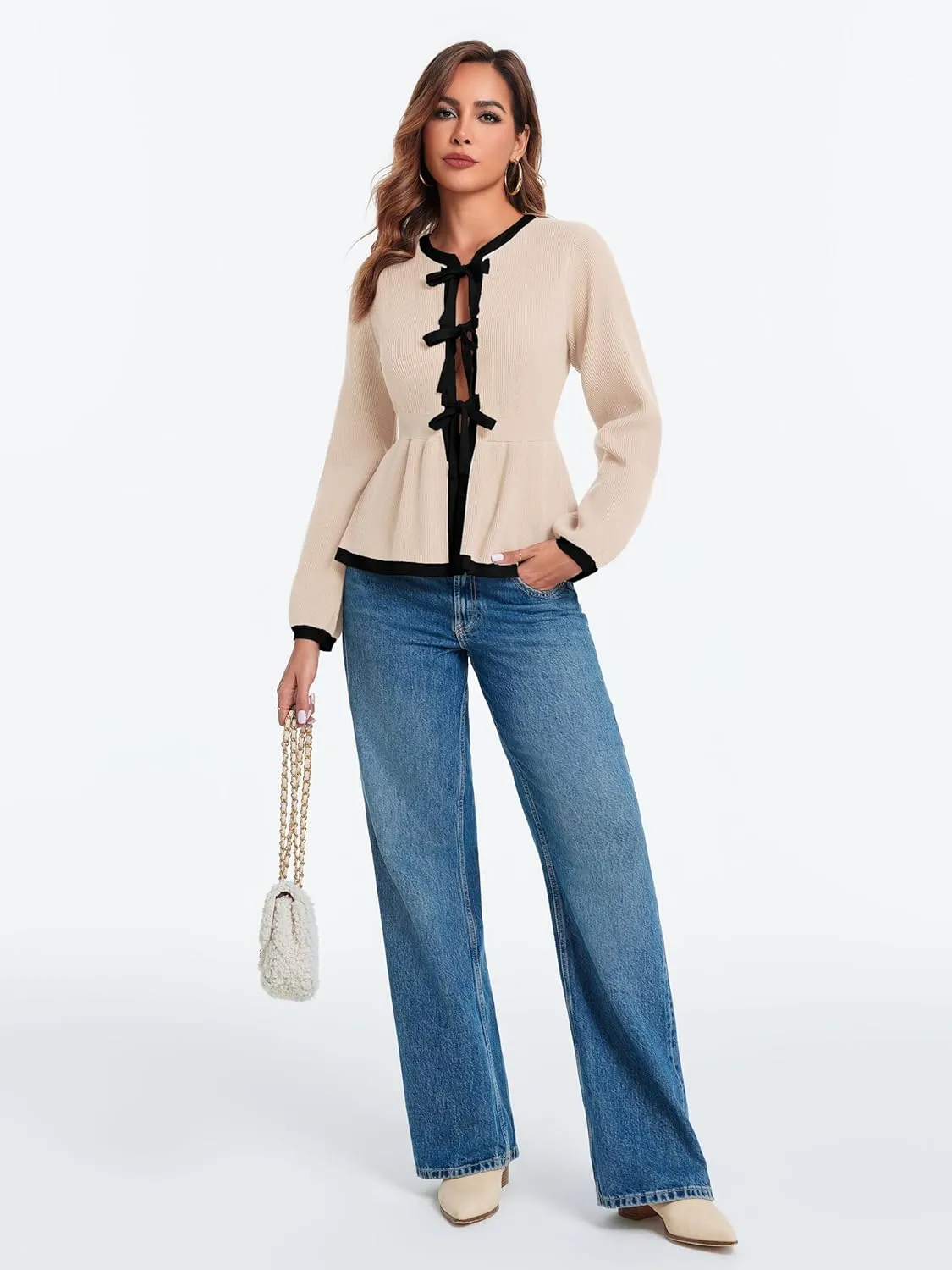 BZB Tie Front Cardigan Sweaters for Women Color Block Puff Sleeve Babydoll Knitted Cardigans Fall Outerwear Clothes