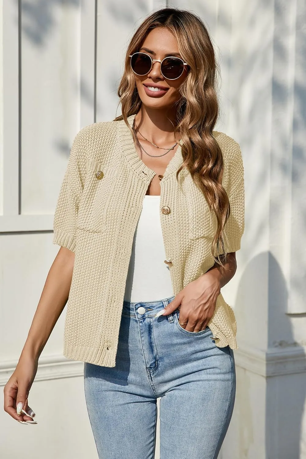 Cakulo Womens Short Sleeve Sweater Vest Button Down Cardigans Chunky Knit Sweaters Tops