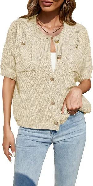 Cakulo Womens Short Sleeve Sweater Vest Button Down Cardigans Chunky Knit Sweaters Tops