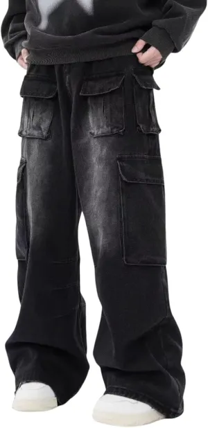 Cargo Pants with Pockets Men Women Baggy Jeans Y2k Wide Leg Grunge Loose Jeans Clothes Streetwear Black