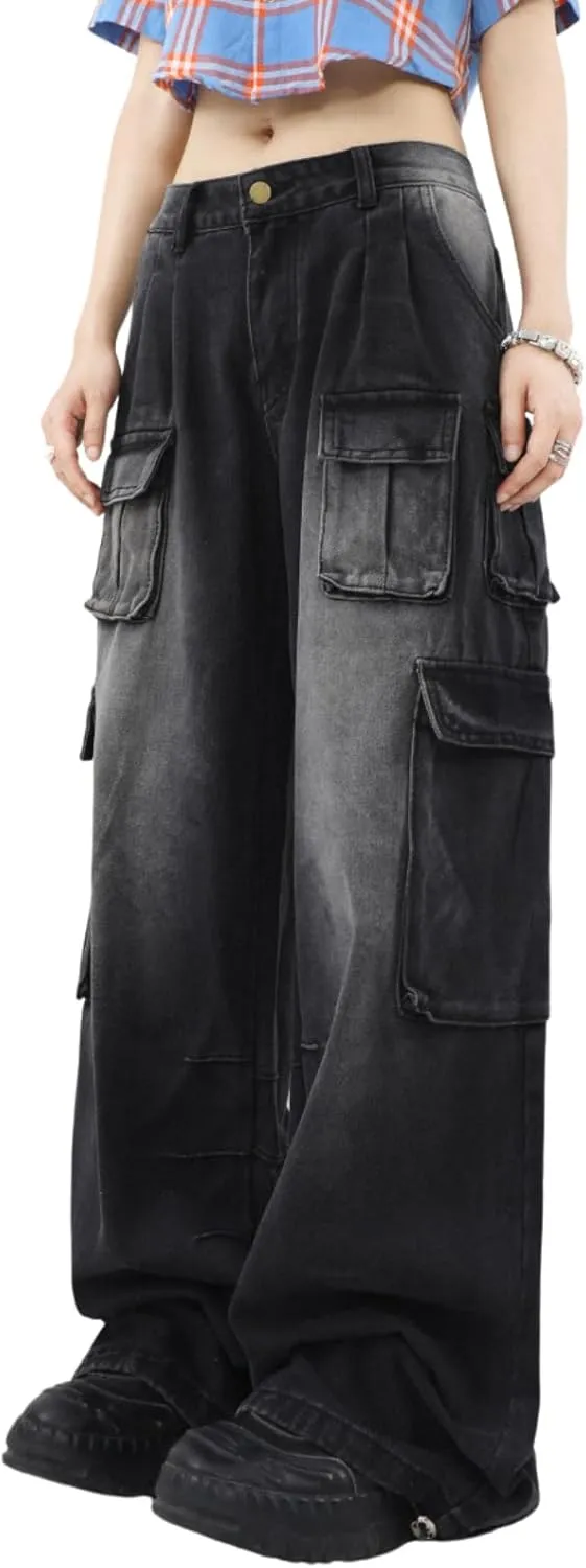Cargo Pants with Pockets Men Women Baggy Jeans Y2k Wide Leg Grunge Loose Jeans Clothes Streetwear Black