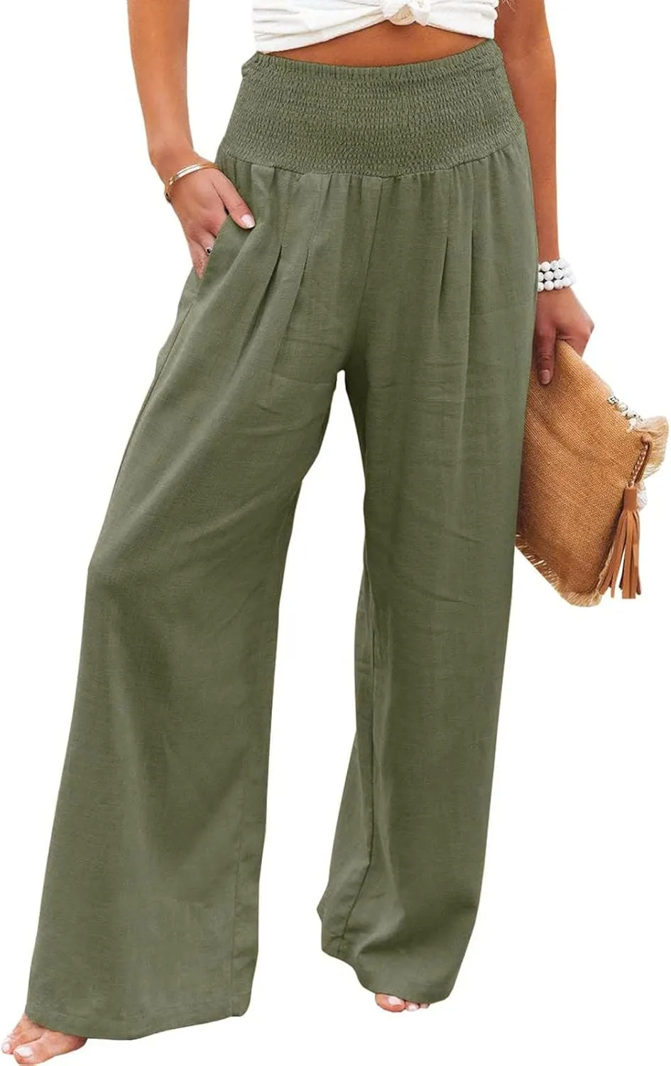 Casual Pants for Women High Waist Wide Leg Trousers Lightweight Linen Blend Elastic Waist Cozy Loose Lounge Wear