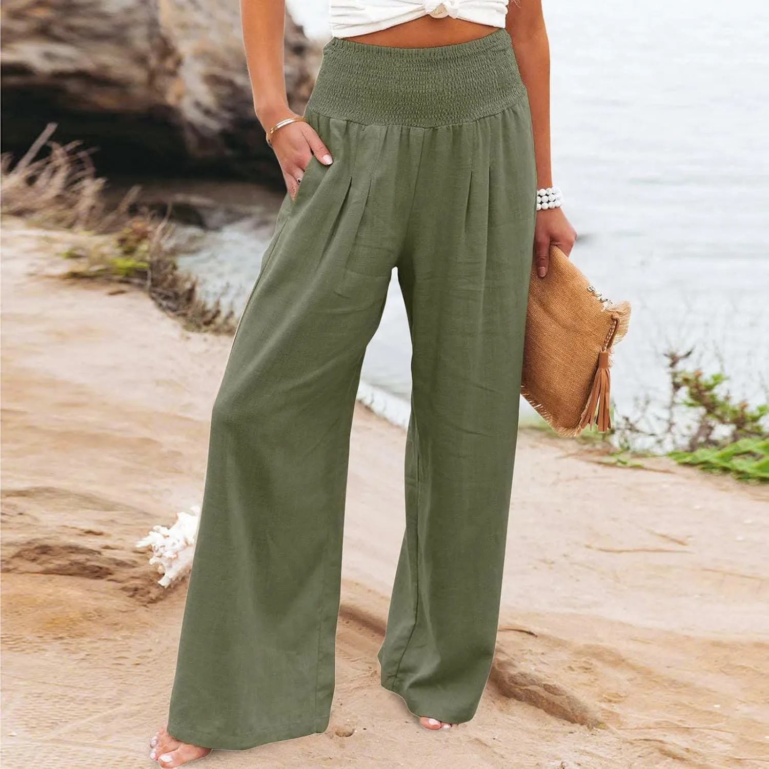 Casual Pants for Women High Waist Wide Leg Trousers Lightweight Linen Blend Elastic Waist Cozy Loose Lounge Wear