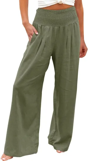 Casual Pants for Women High Waist Wide Leg Trousers Lightweight Linen Blend Elastic Waist Cozy Loose Lounge Wear