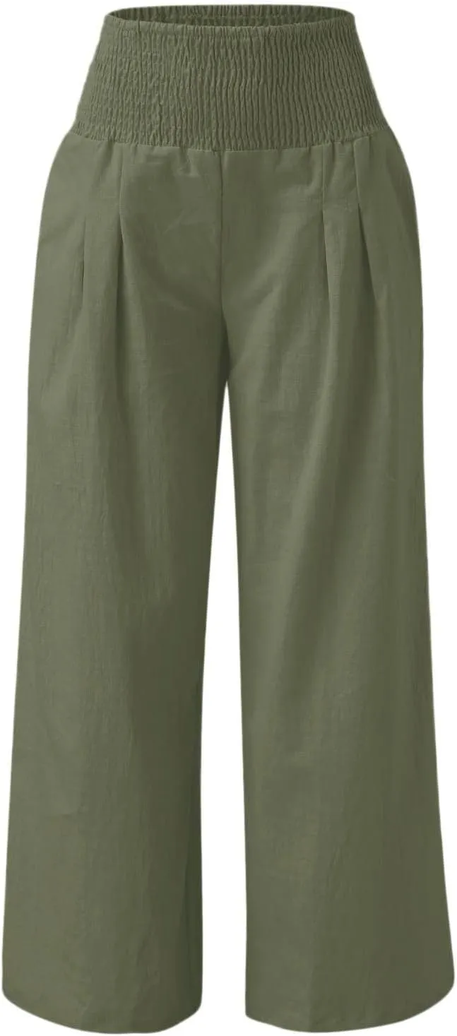 Casual Pants for Women High Waist Wide Leg Trousers Lightweight Linen Blend Elastic Waist Cozy Loose Lounge Wear