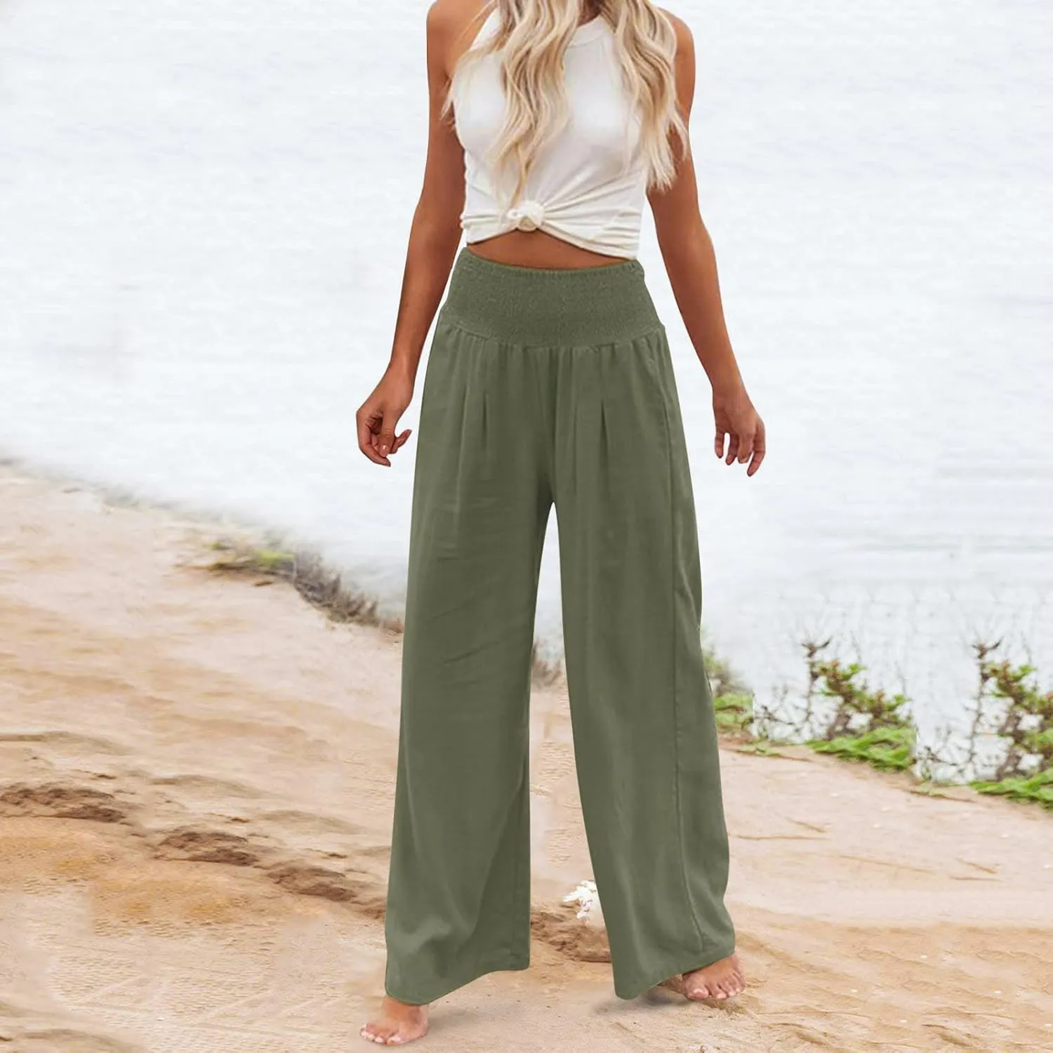 Casual Pants for Women High Waist Wide Leg Trousers Lightweight Linen Blend Elastic Waist Cozy Loose Lounge Wear
