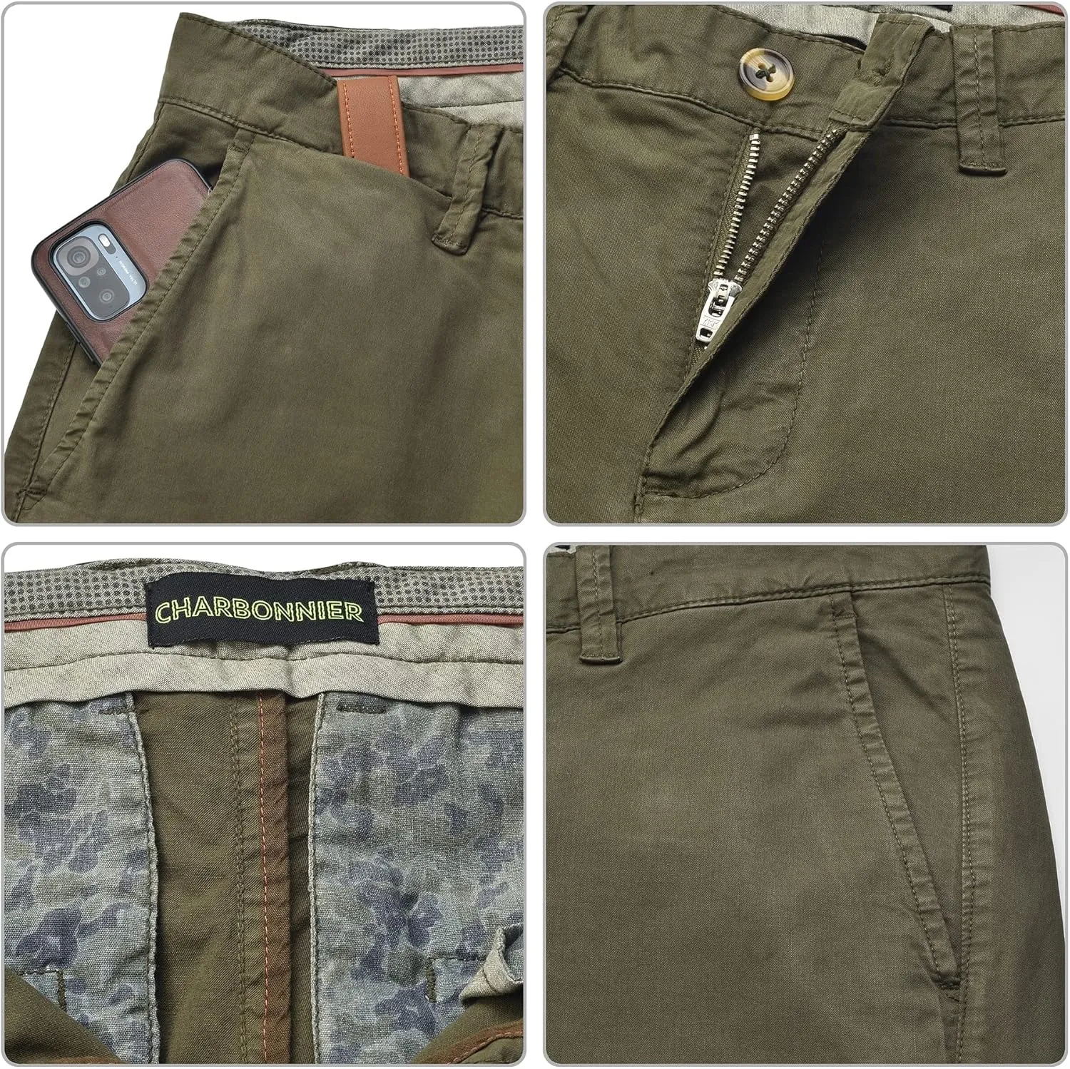 CHARBONNIER Mens Slim fit Chinos Pants, Flat Front Design and Back Buttoned Pockets, Comfortable Mens Pants for Casual wear