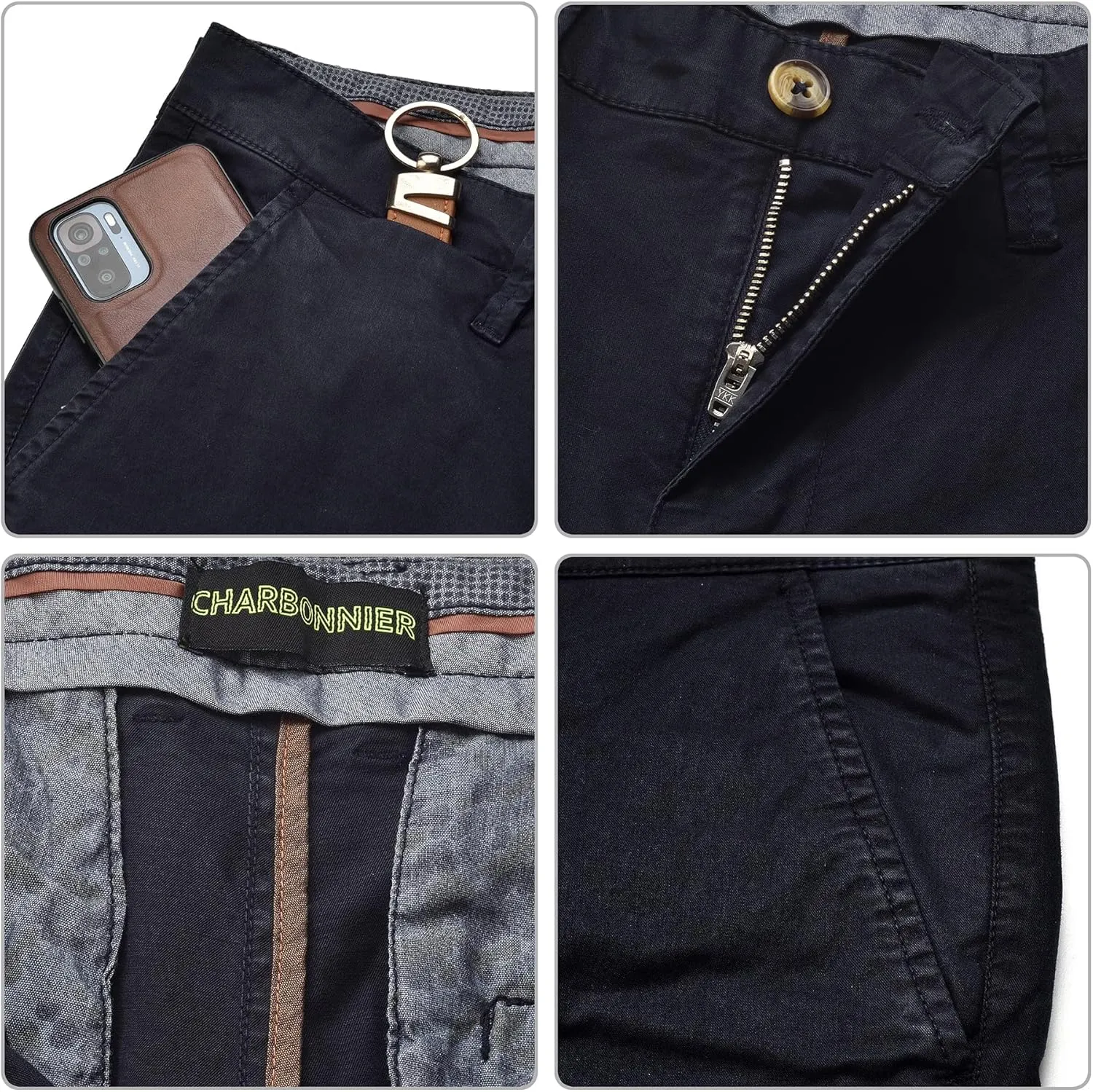 CHARBONNIER Mens Slim fit Chinos Pants, Flat Front Design and Back Buttoned Pockets, Comfortable Mens Pants for Casual wear