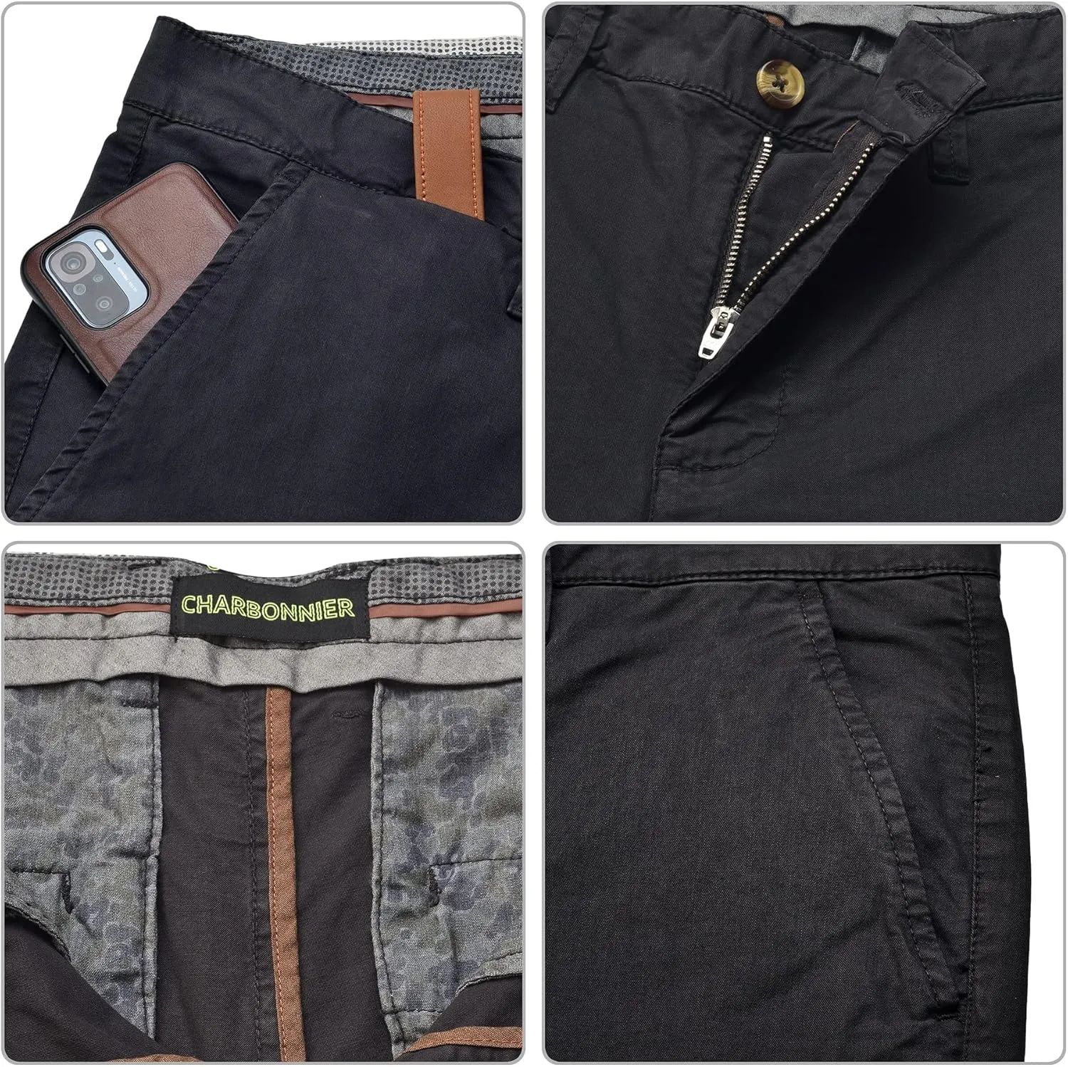 CHARBONNIER Mens Slim fit Chinos Pants, Flat Front Design and Back Buttoned Pockets, Comfortable Mens Pants for Casual wear