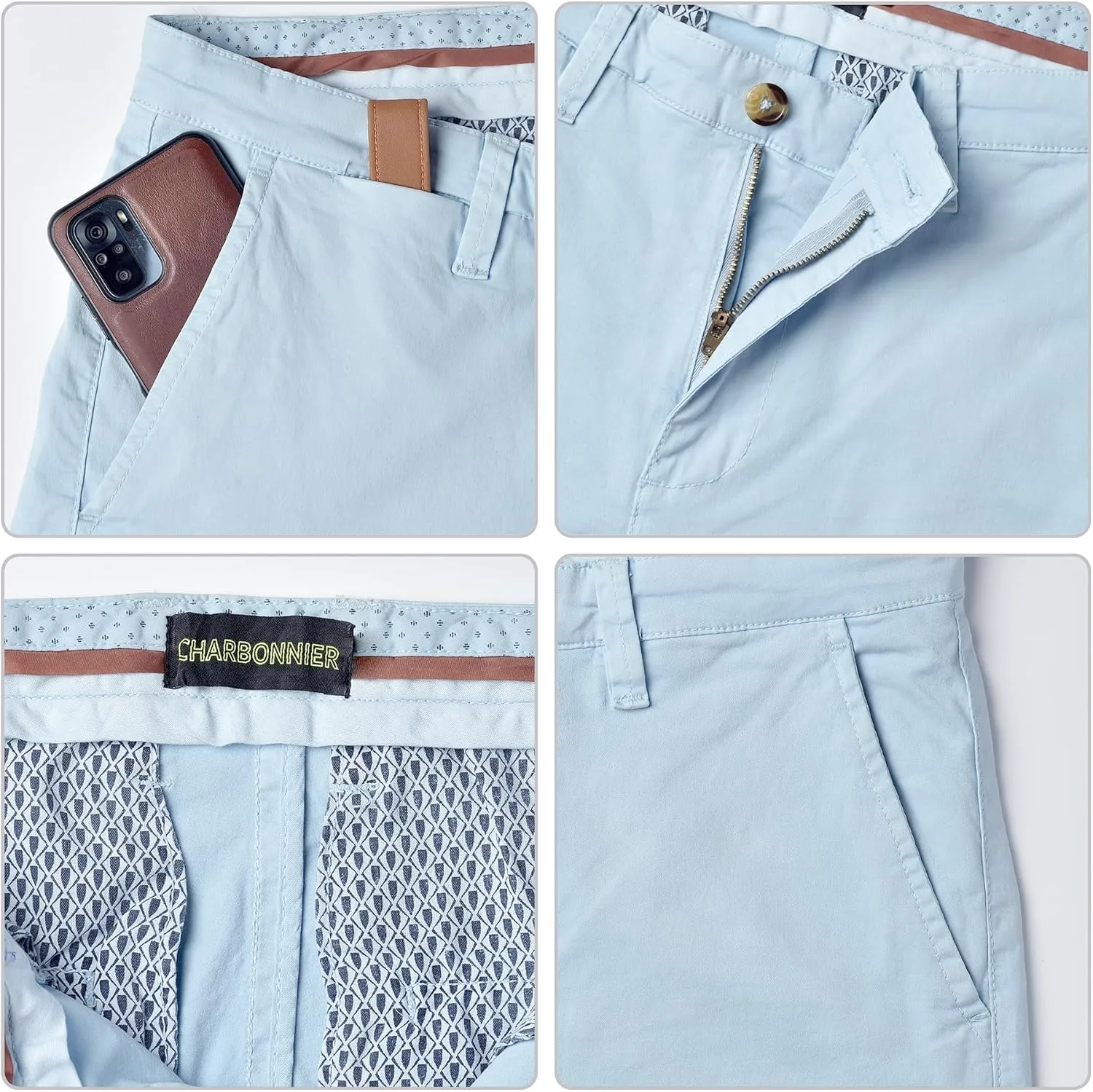 CHARBONNIER Mens Slim fit Chinos Pants, Flat Front Design and Back Buttoned Pockets, Comfortable Mens Pants for Casual wear