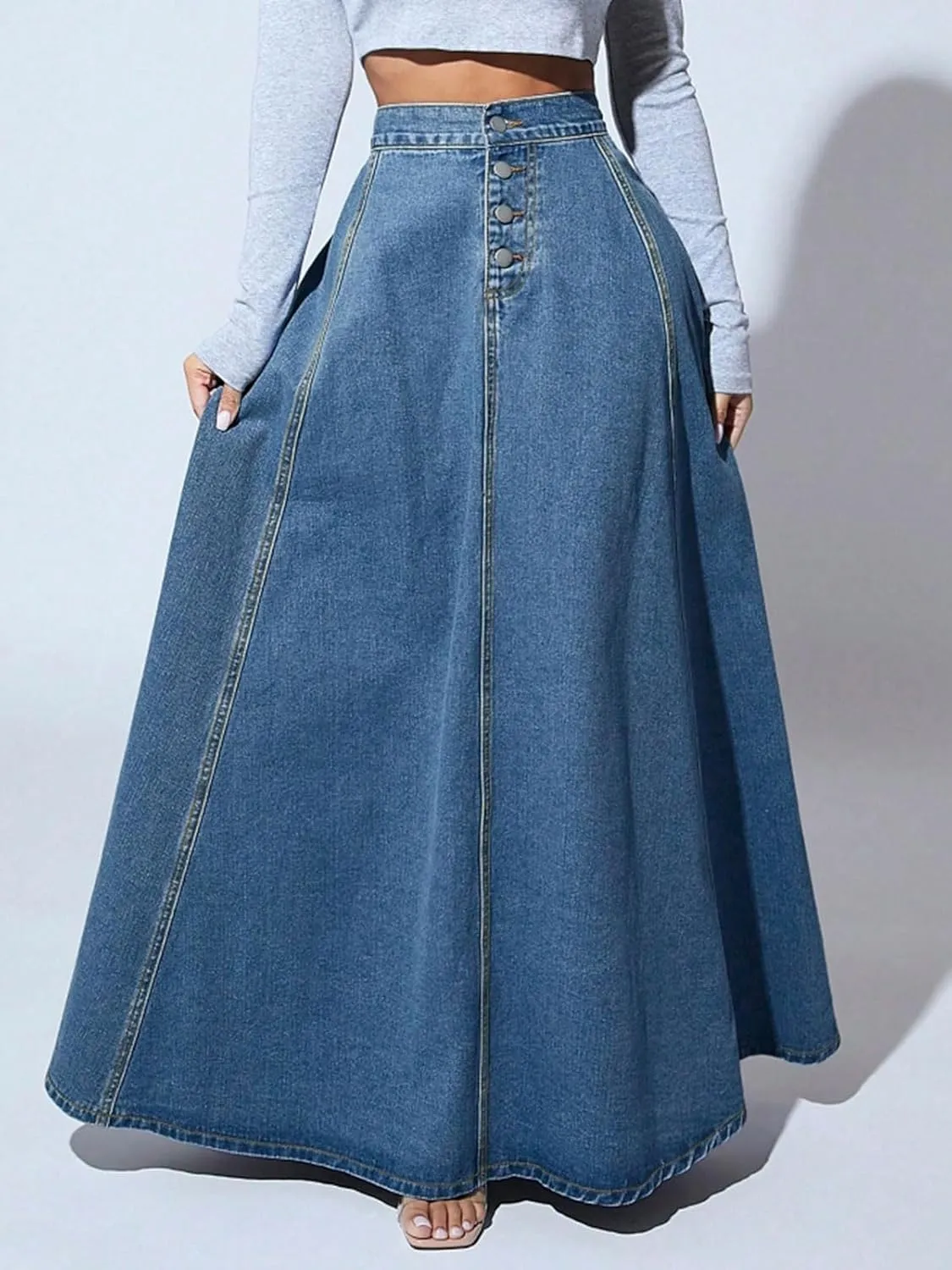 CHARTOU High Waisted Maxi Denim Skirt Women Elegant Pleated Button Up Patchwork Flowy Long Jean Skirts
