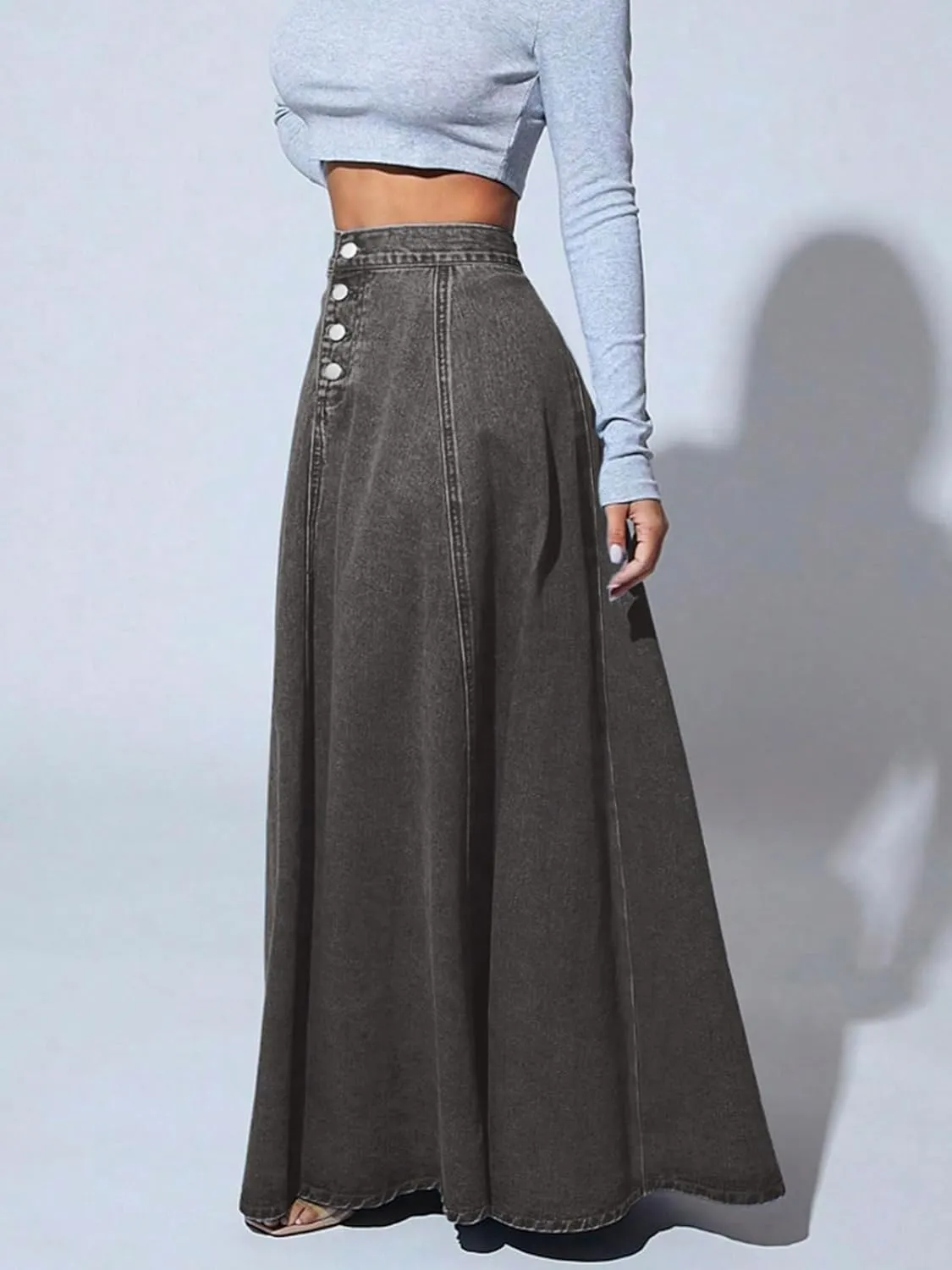 CHARTOU High Waisted Maxi Denim Skirt Women Elegant Pleated Button Up Patchwork Flowy Long Jean Skirts