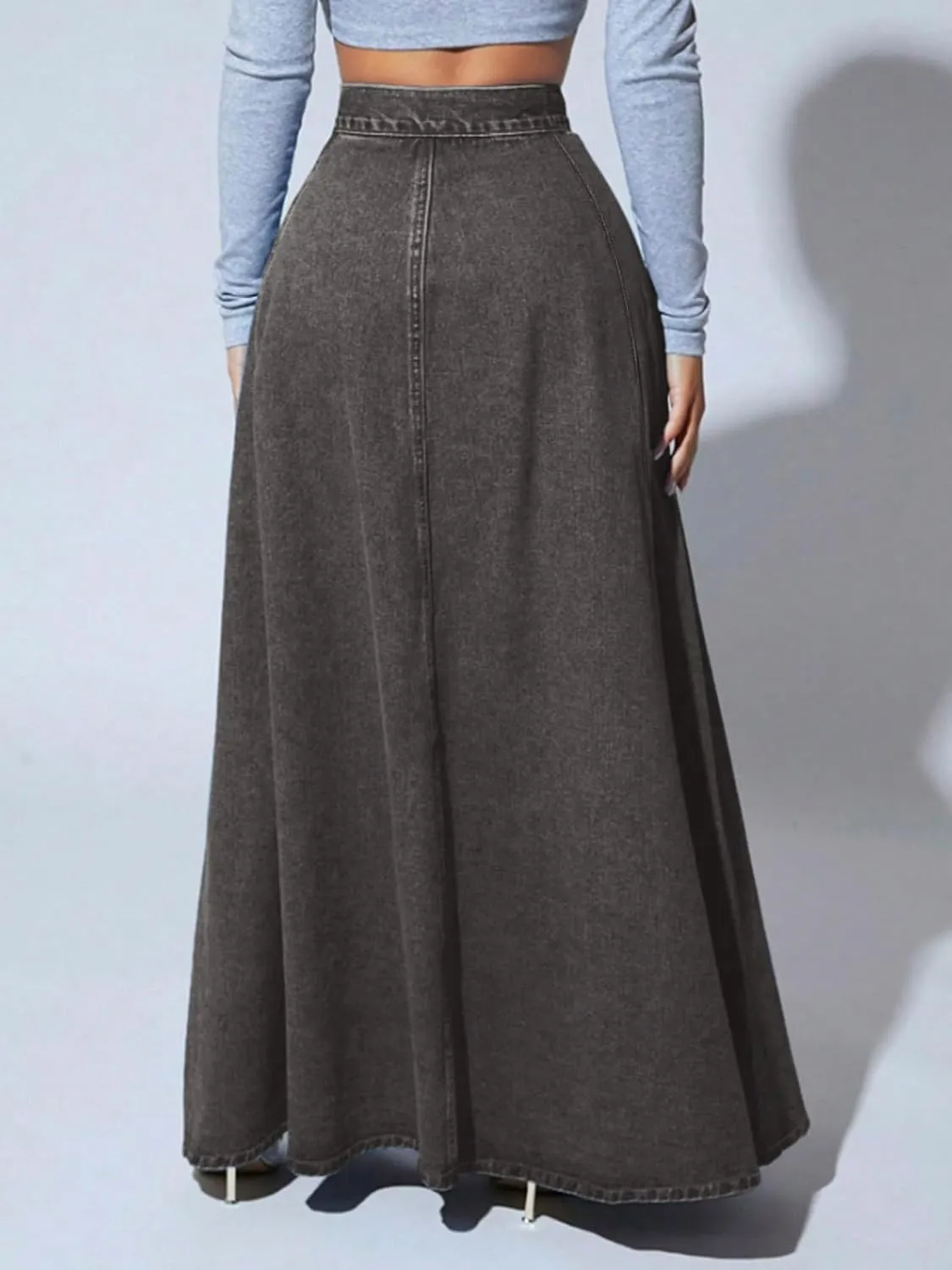 CHARTOU High Waisted Maxi Denim Skirt Women Elegant Pleated Button Up Patchwork Flowy Long Jean Skirts
