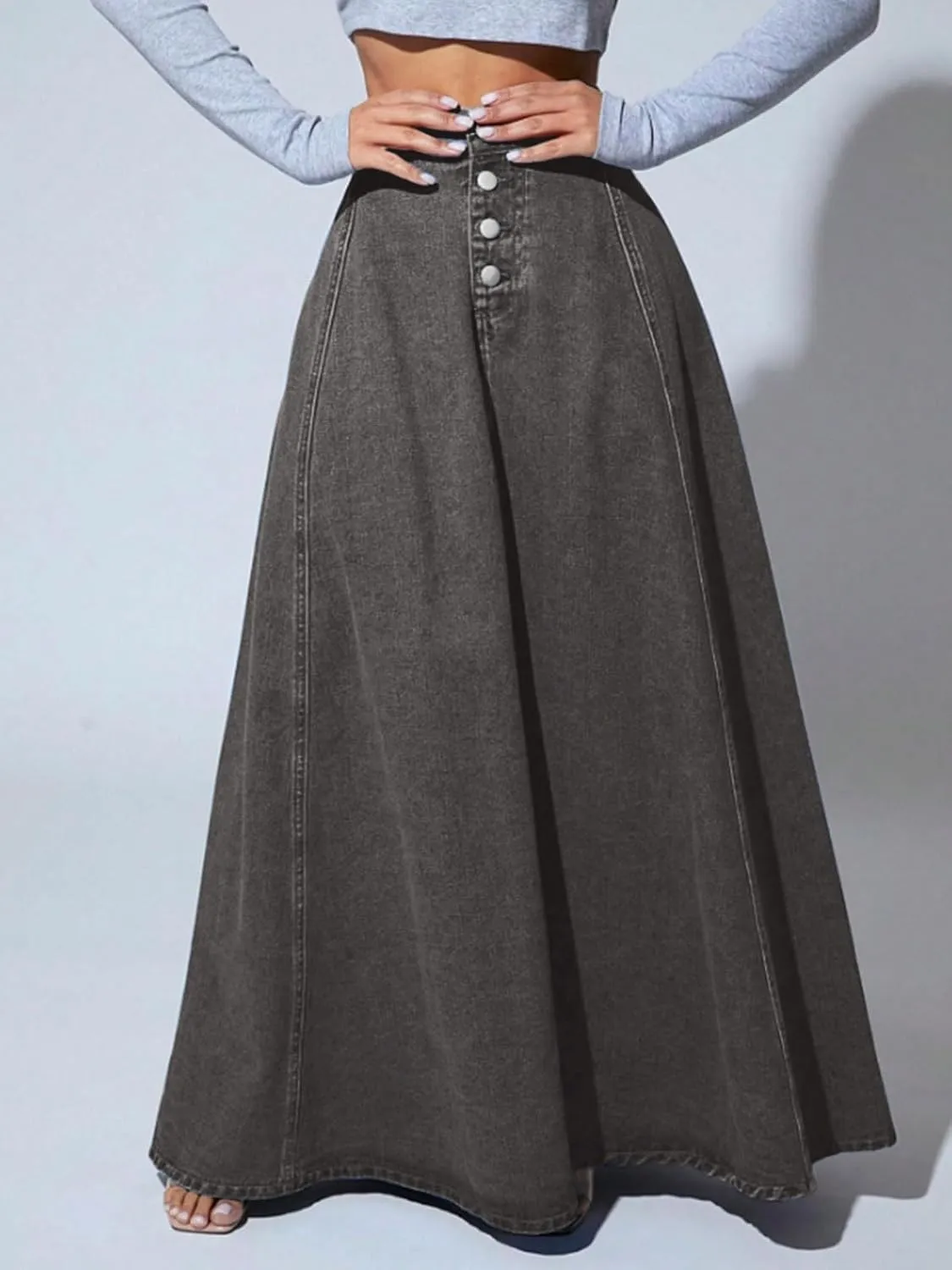 CHARTOU High Waisted Maxi Denim Skirt Women Elegant Pleated Button Up Patchwork Flowy Long Jean Skirts