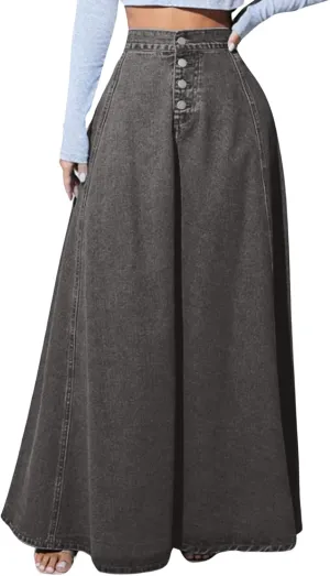 CHARTOU High Waisted Maxi Denim Skirt Women Elegant Pleated Button Up Patchwork Flowy Long Jean Skirts