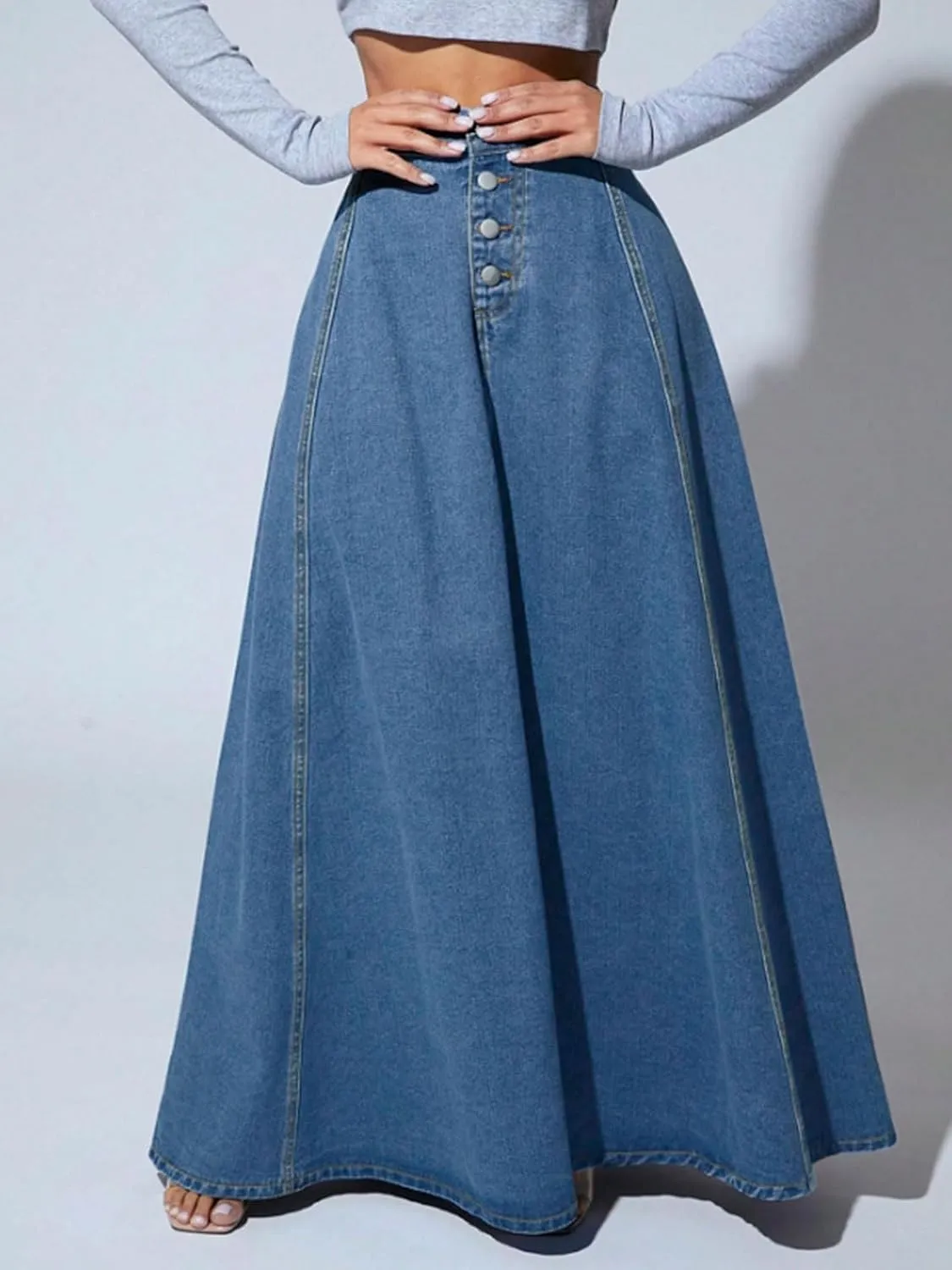 CHARTOU High Waisted Maxi Denim Skirt Women Elegant Pleated Button Up Patchwork Flowy Long Jean Skirts