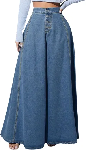 CHARTOU High Waisted Maxi Denim Skirt Women Elegant Pleated Button Up Patchwork Flowy Long Jean Skirts