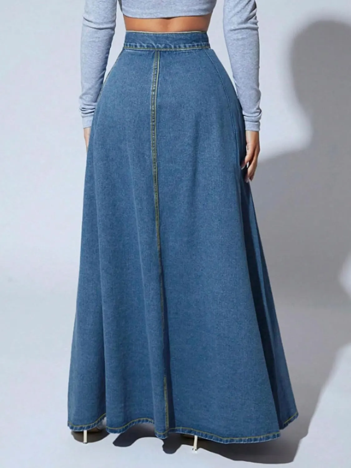 CHARTOU High Waisted Maxi Denim Skirt Women Elegant Pleated Button Up Patchwork Flowy Long Jean Skirts