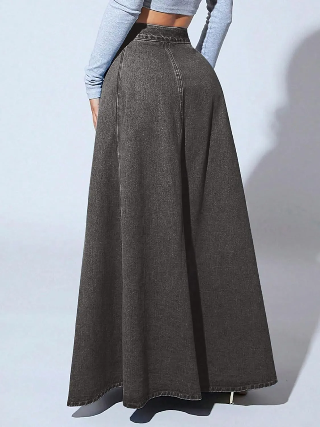 CHARTOU High Waisted Maxi Denim Skirt Women Elegant Pleated Button Up Patchwork Flowy Long Jean Skirts