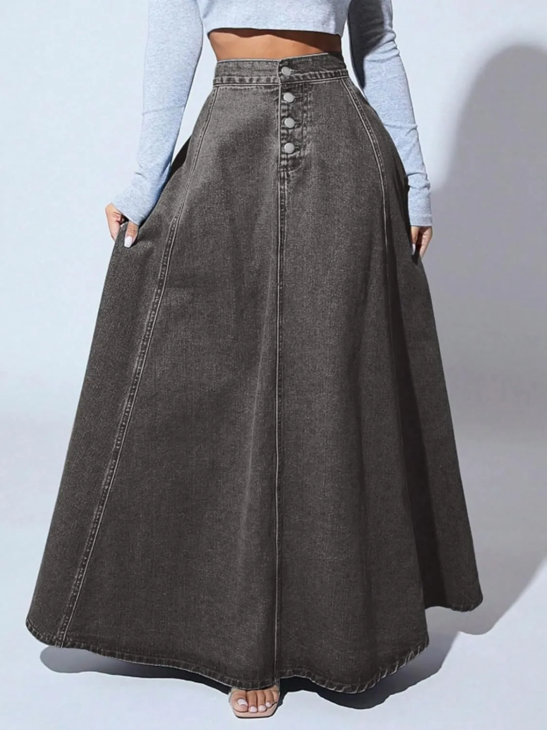 CHARTOU High Waisted Maxi Denim Skirt Women Elegant Pleated Button Up Patchwork Flowy Long Jean Skirts