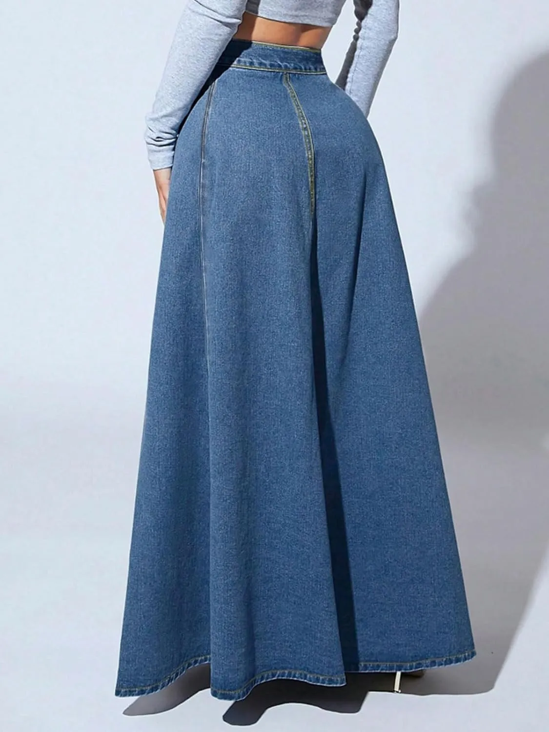 CHARTOU High Waisted Maxi Denim Skirt Women Elegant Pleated Button Up Patchwork Flowy Long Jean Skirts
