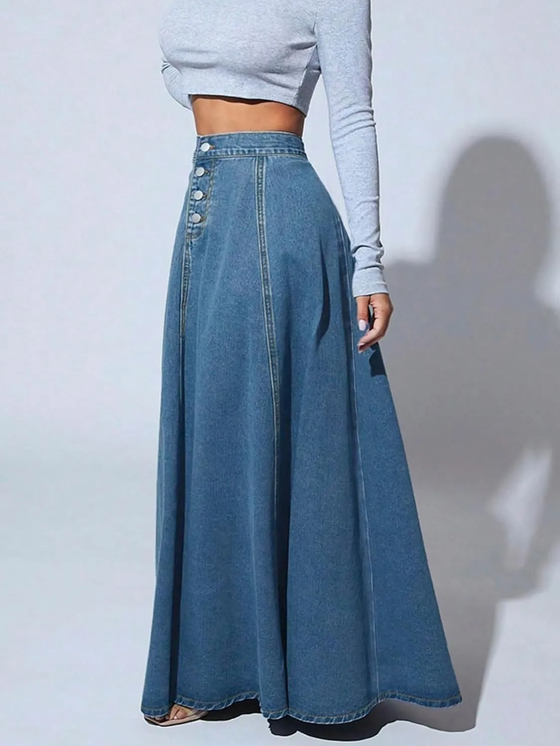 CHARTOU High Waisted Maxi Denim Skirt Women Elegant Pleated Button Up Patchwork Flowy Long Jean Skirts