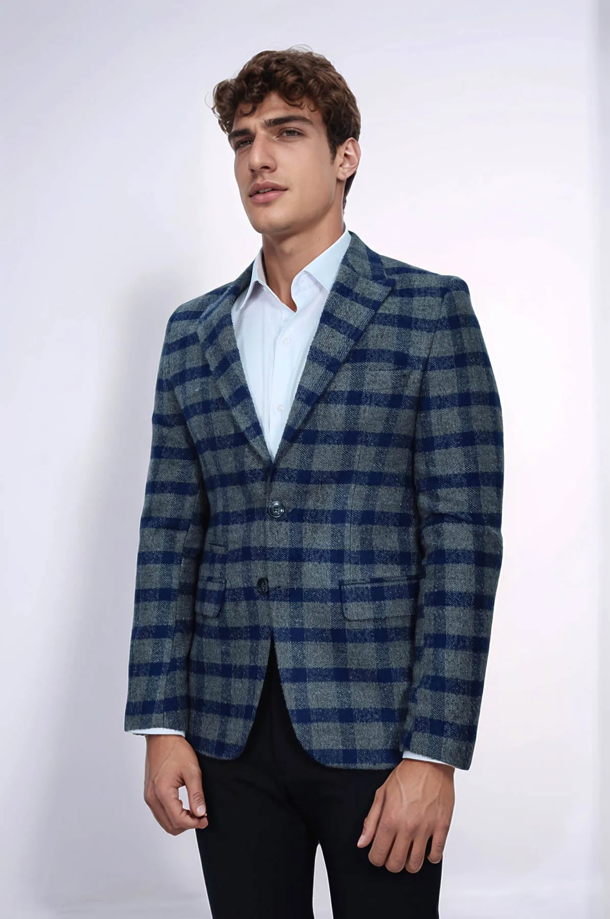 Checked Peak Lapel Slim-Fit Blue Men Blazer - Wessi