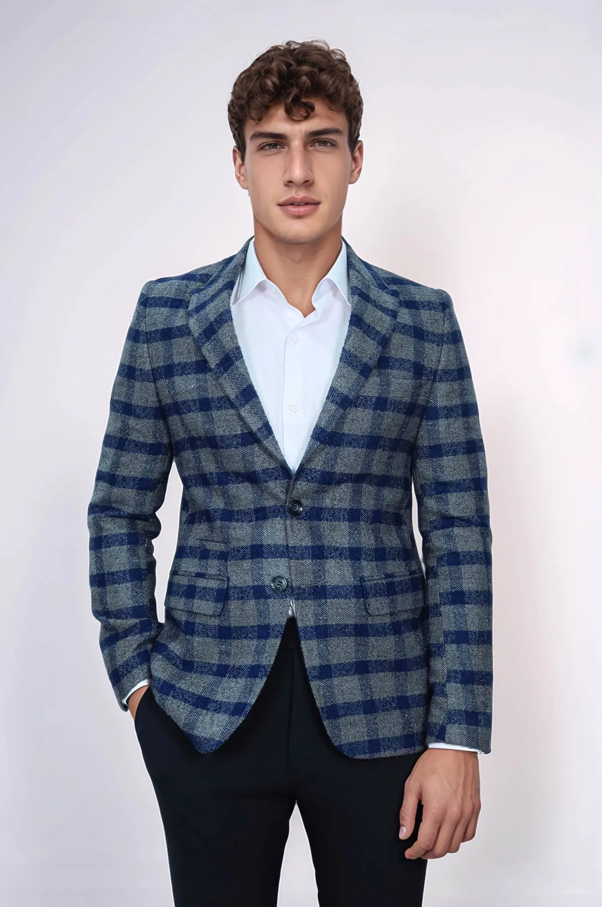 Checked Peak Lapel Slim-Fit Blue Men Blazer - Wessi