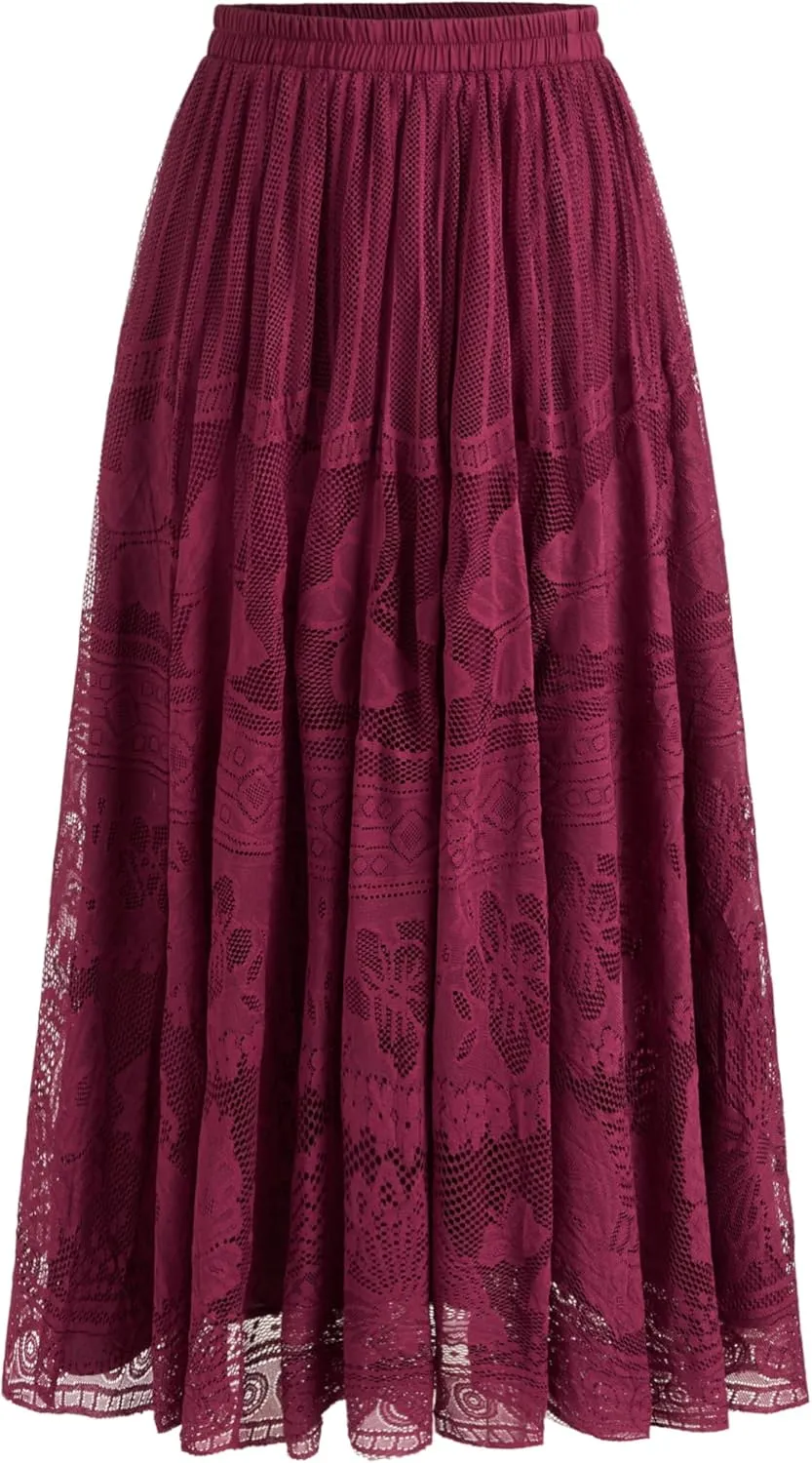 CIDER Women's Long Maxi Lace Skirt Floral Lace Mesh Trendy Skirts