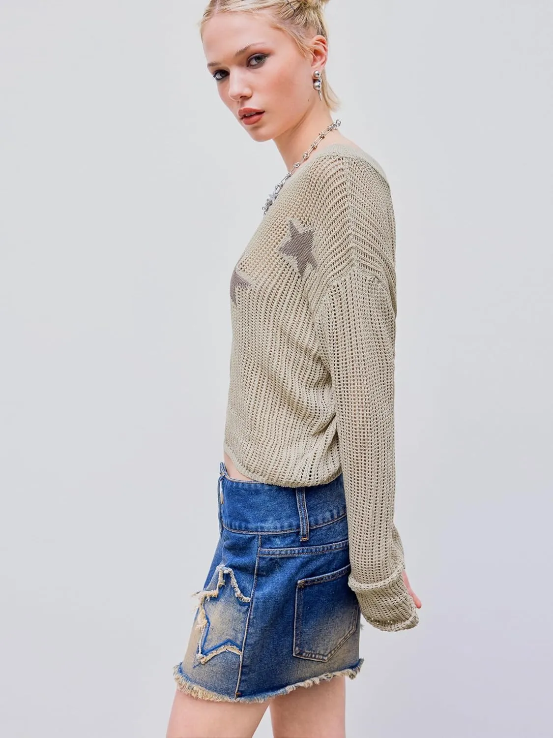 CIDER Women's Trendy Asymmetrical Neck Geometric Long Sleeve Shirts Star Sweater