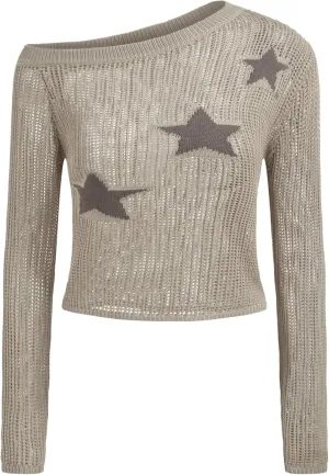 CIDER Women's Trendy Asymmetrical Neck Geometric Long Sleeve Shirts Star Sweater