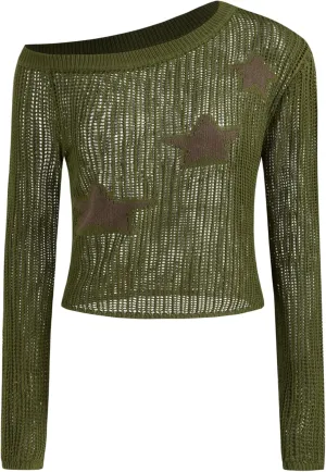 CIDER Women's Trendy Asymmetrical Neck Geometric Long Sleeve Shirts Star Sweater