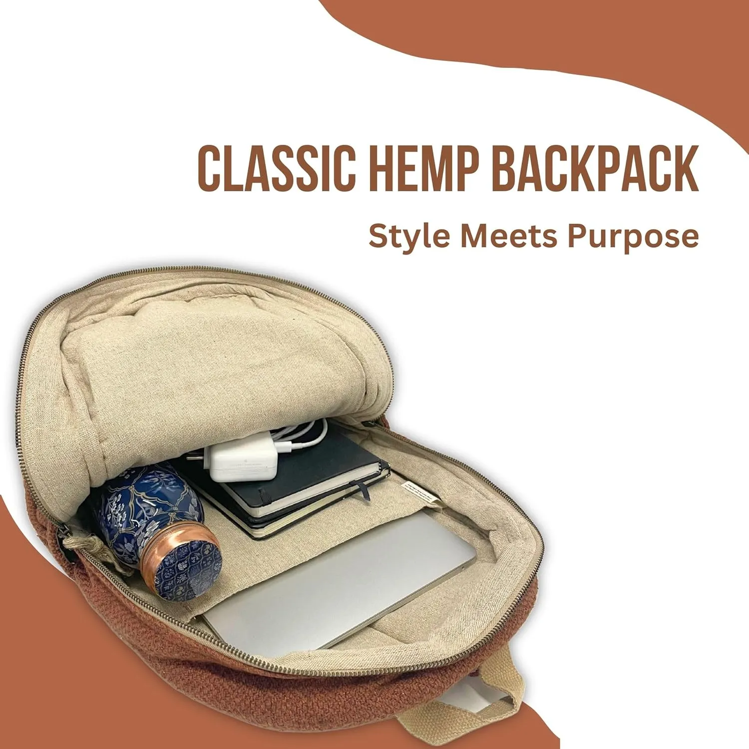 Classic Hemp Backpack, Brown  Stylish & Durable Backpack, Comfortable Adjustable Straps, Multiple Compartments, Ideal for Travel, Hiking & Daily Use