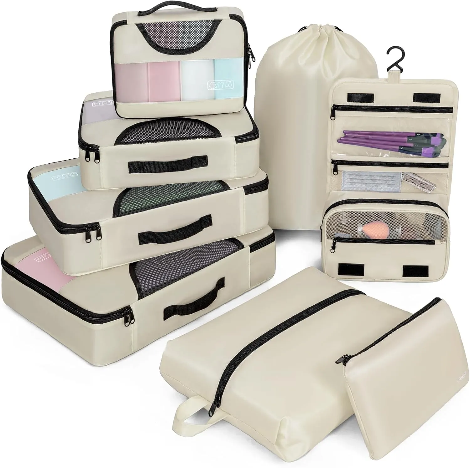 Compression Packing Cubes for Travel, 8 Set Packing Cubes for Suitcases, Breathable Mesh Travel Bags Organizer for Luggage Lightweight Vacation Essentials Accessories (Beige)