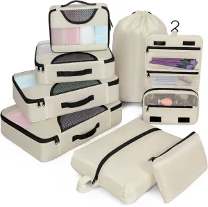 Compression Packing Cubes for Travel, 8 Set Packing Cubes for Suitcases, Breathable Mesh Travel Bags Organizer for Luggage Lightweight Vacation Essentials Accessories (Beige)