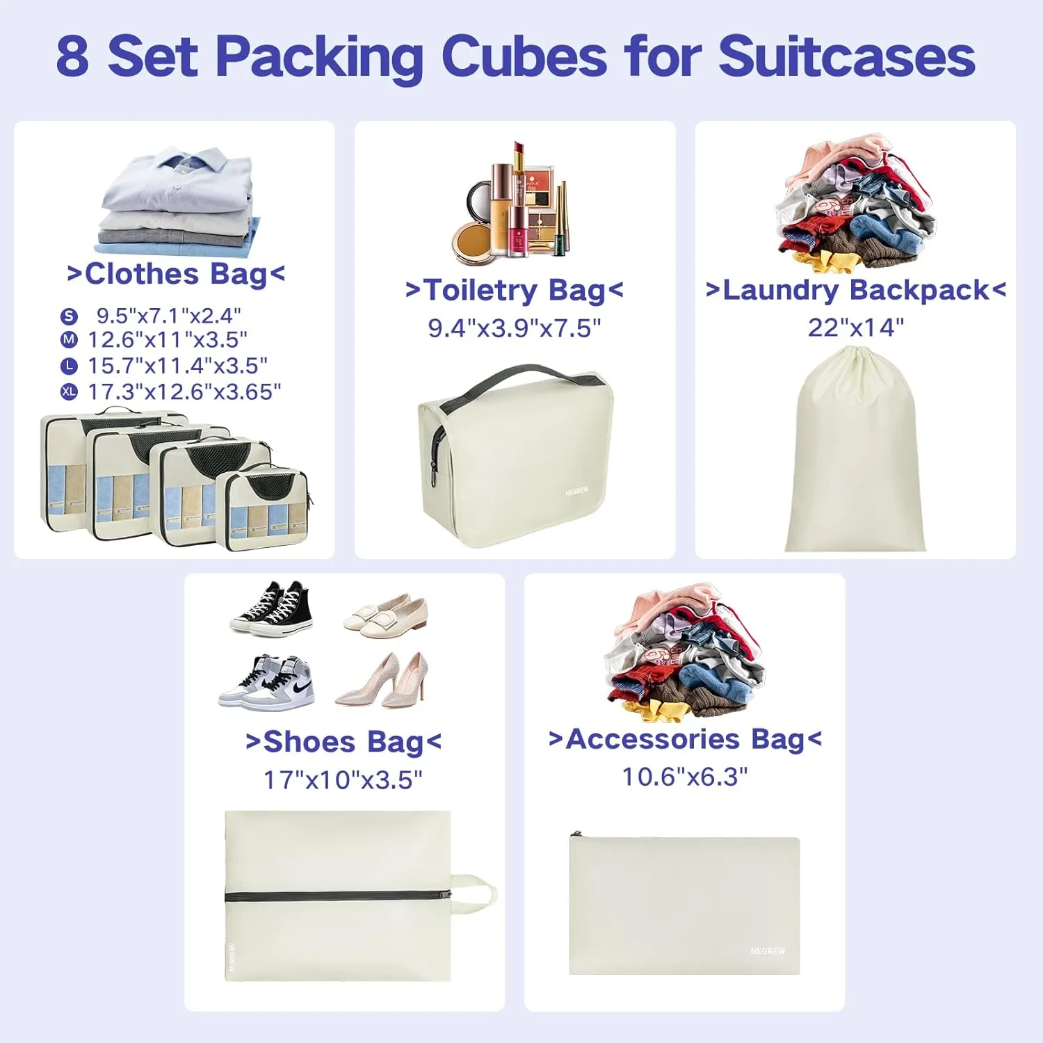 Compression Packing Cubes for Travel, 8 Set Packing Cubes for Suitcases, Breathable Mesh Travel Bags Organizer for Luggage Lightweight Vacation Essentials Accessories (Beige)