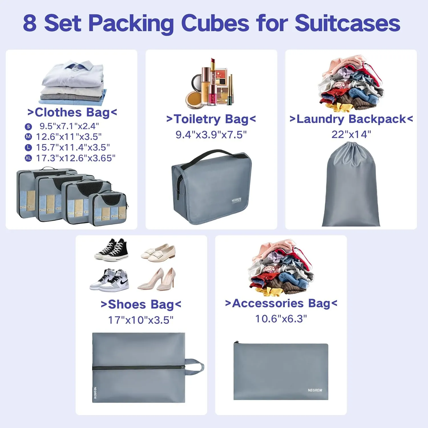 Compression Packing Cubes for Travel, 8 Set Packing Cubes for Suitcases, Breathable Mesh Travel Bags Organizer for Luggage Lightweight Vacation Essentials Accessories (Grey)