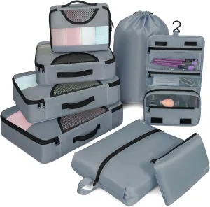 Compression Packing Cubes for Travel, 8 Set Packing Cubes for Suitcases, Breathable Mesh Travel Bags Organizer for Luggage Lightweight Vacation Essentials Accessories (Grey)