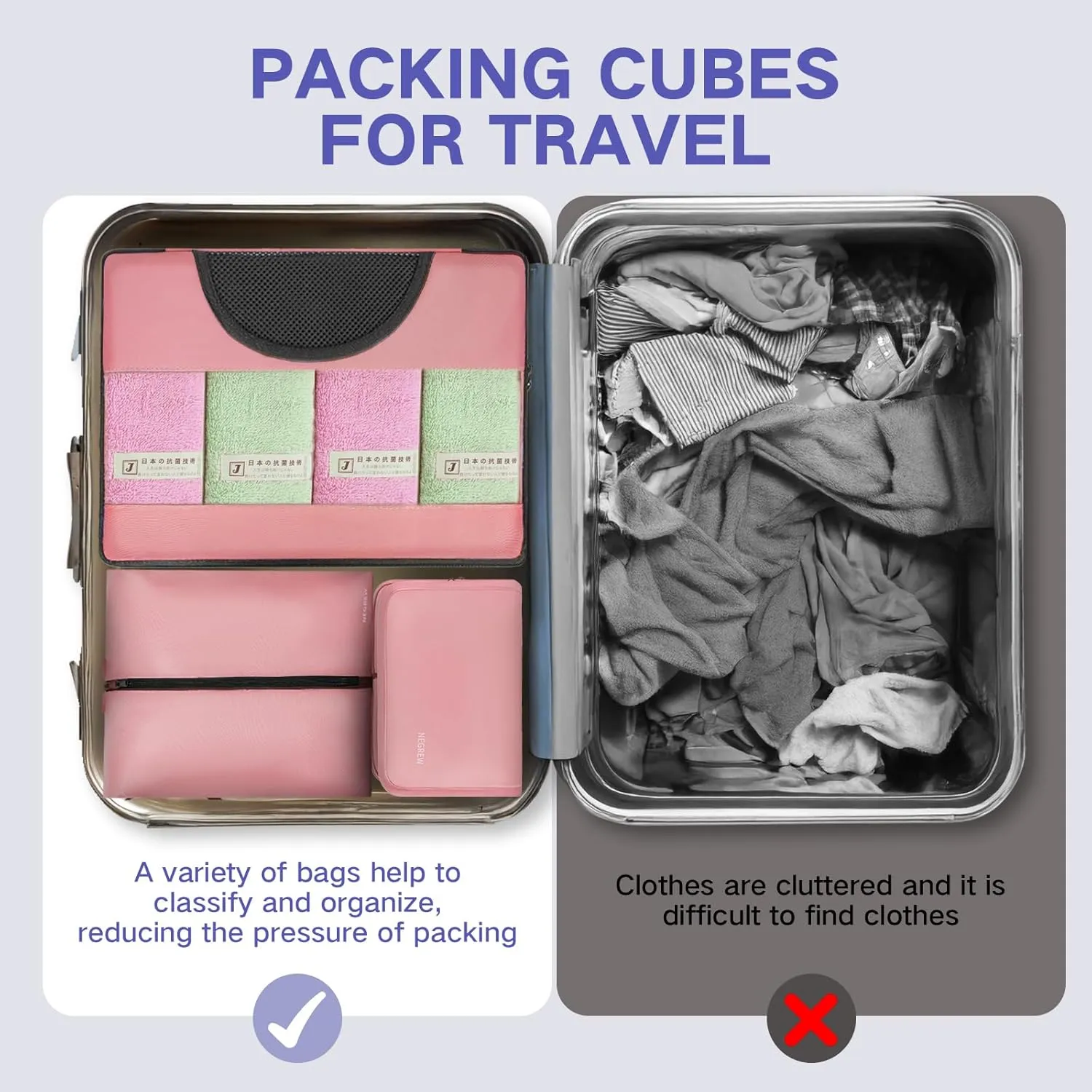 Compression Packing Cubes for Travel, 8 Set Packing Cubes for Suitcases, Breathable Mesh Travel Bags Organizer for Luggage Lightweight Vacation Essentials Accessories (Pink)