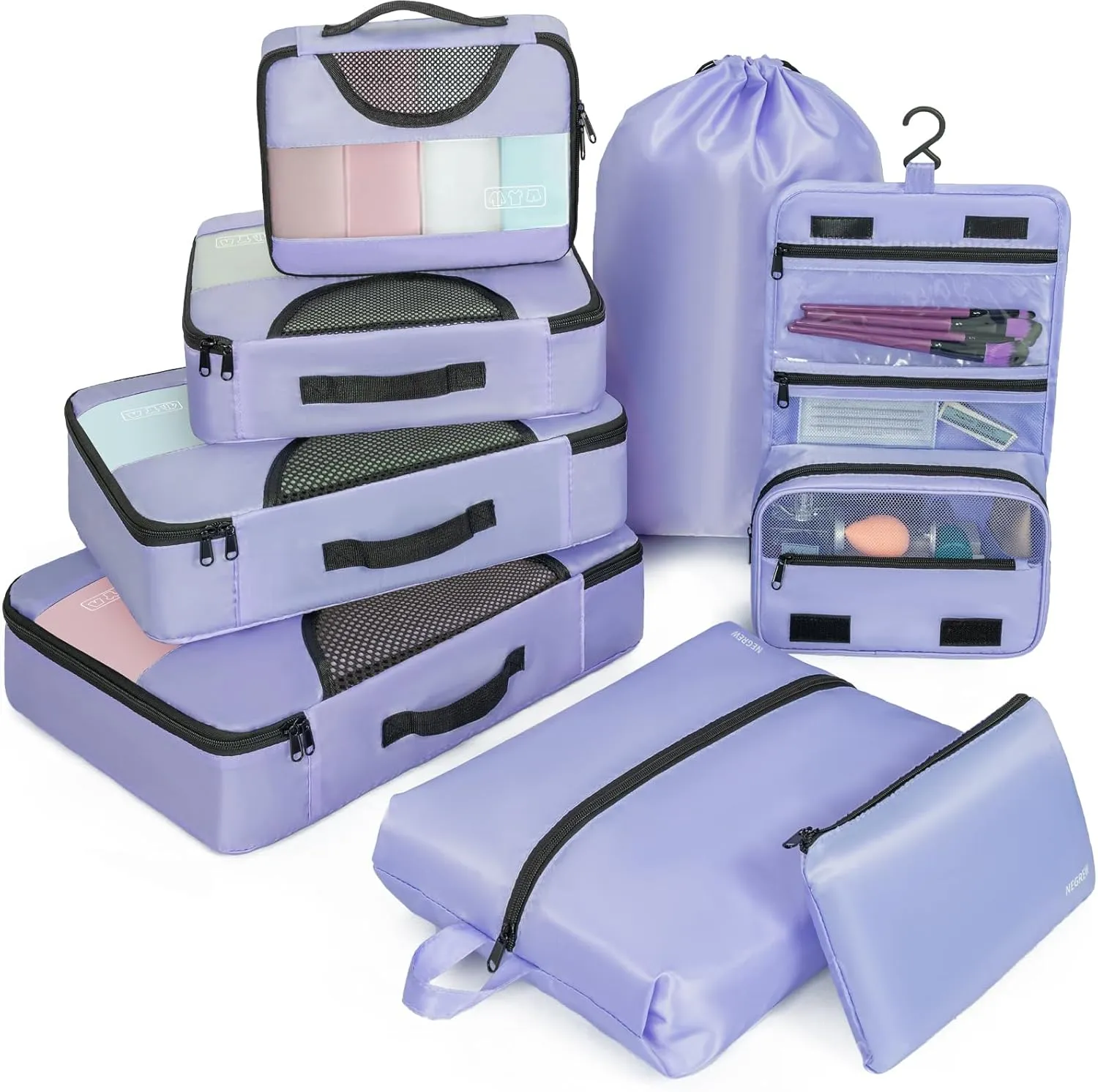 Compression Packing Cubes for Travel, 8 Set Packing Cubes for Suitcases, Breathable Mesh Travel Bags Organizer for Luggage Lightweight Vacation Essentials Accessories (Purple)