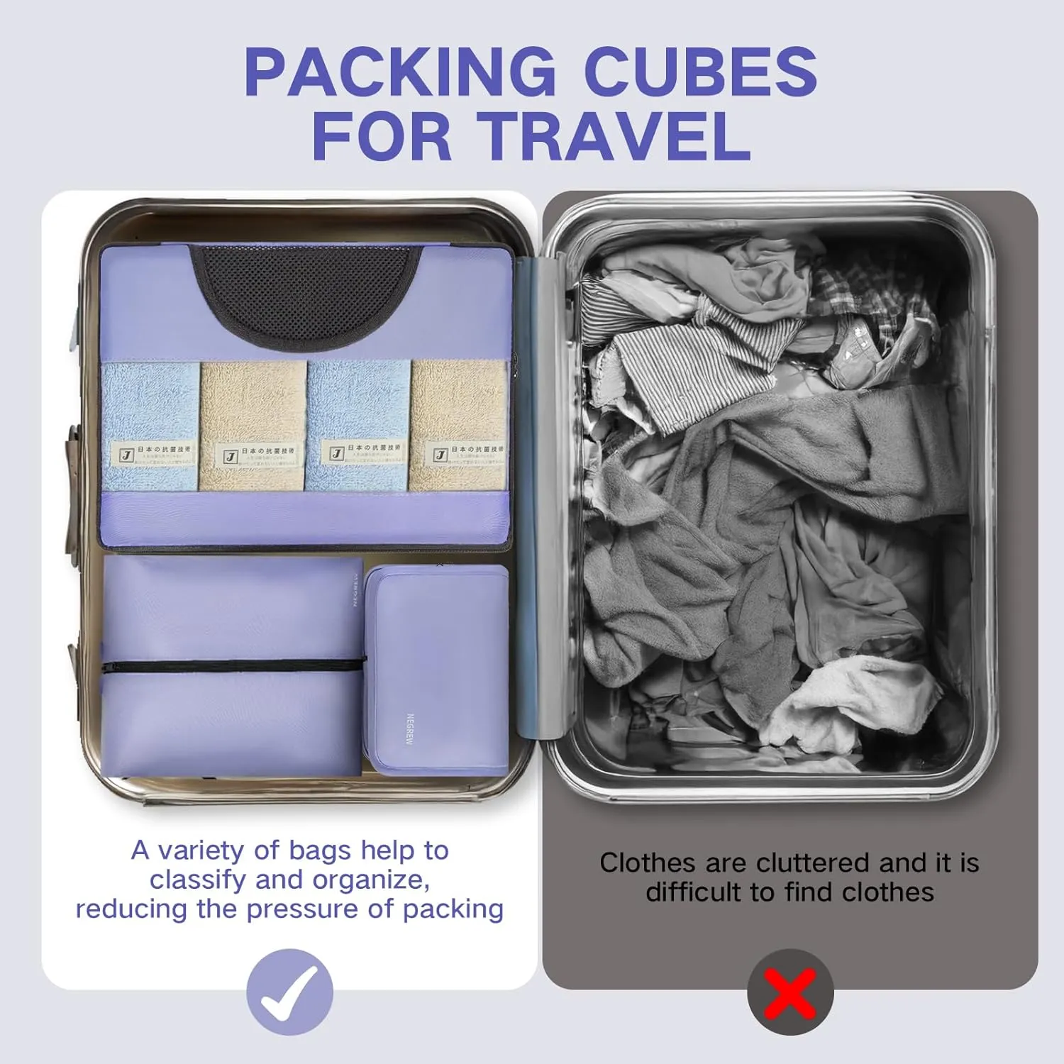 Compression Packing Cubes for Travel, 8 Set Packing Cubes for Suitcases, Breathable Mesh Travel Bags Organizer for Luggage Lightweight Vacation Essentials Accessories (Purple)